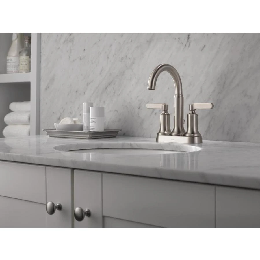 Delta Alux Spotshield Brushed Nickel 2-handle 4-in Centerset WaterSense Bathroom Sink Faucet With Drain 6 Delta Alux Spotshield Brushed Nickel 2-handle 4-in Centerset WaterSense Bathroom Sink Faucet With Drain - Image 4