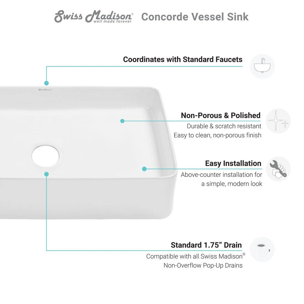 Swiss Madison Concorde 24 In. Rectangle Ceramic Vessel Sink 10 Swiss Madison Concorde 24 In. Rectangle Ceramic Vessel Sink - Image 8
