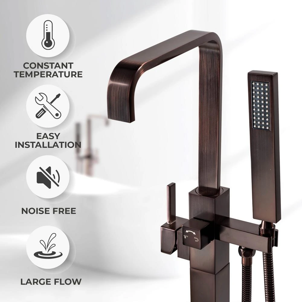 1-Handle Freestanding Floor Mount Roman Tub Faucet Bathtub Filler With Hand Shower In Antique Bronze 4 1-Handle Freestanding Floor Mount Roman Tub Faucet Bathtub Filler With Hand Shower In Antique Bronze - Image 2