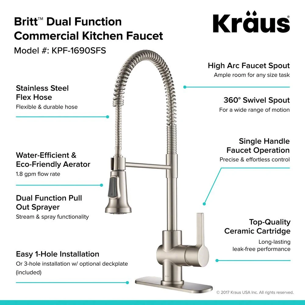 Britt Single Handle Commercial Kitchen Faucet With Dual Function Sprayhead In All-Brite Spot Free Stainless Steel Finish 6 Britt Single Handle Commercial Kitchen Faucet With Dual Function Sprayhead In All-Brite Spot Free Stainless Steel Finish - Image 4