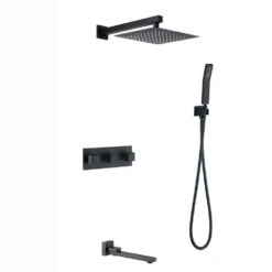 3-Handle 1-Spray Tub And Shower Faucet Ceiling Mounted Rain Shower Fixtures Matte Black With Handheld And Tub Spout
