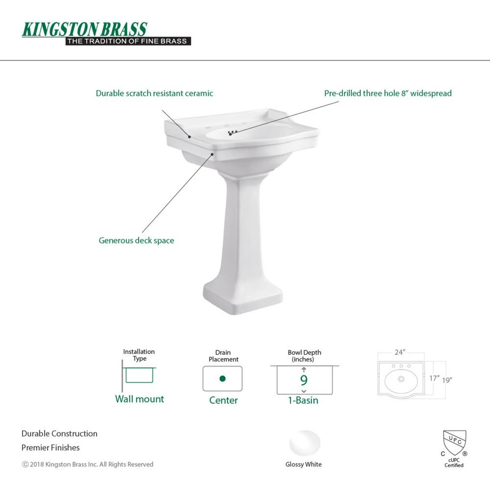 Kingston Brass Traditional Pedestal Combo Bathroom Vessel Sink In White With 8 In. Widespread 4 Kingston Brass Traditional Pedestal Combo Bathroom Vessel Sink In White With 8 In. Widespread - Image 2