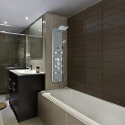 AKDY 52-in Grey Stripe Pattern Tempered Glass 8-Spray Shower Panel System (Valve Included)