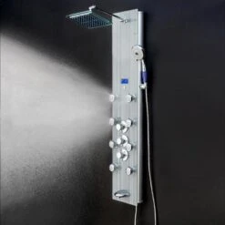 AKDY 52-in Grey Stripe Pattern Tempered Glass 8-Spray Shower Panel System (Valve Included) -Valpar Bathroom Shop 810764028642 10493860 1800x1800