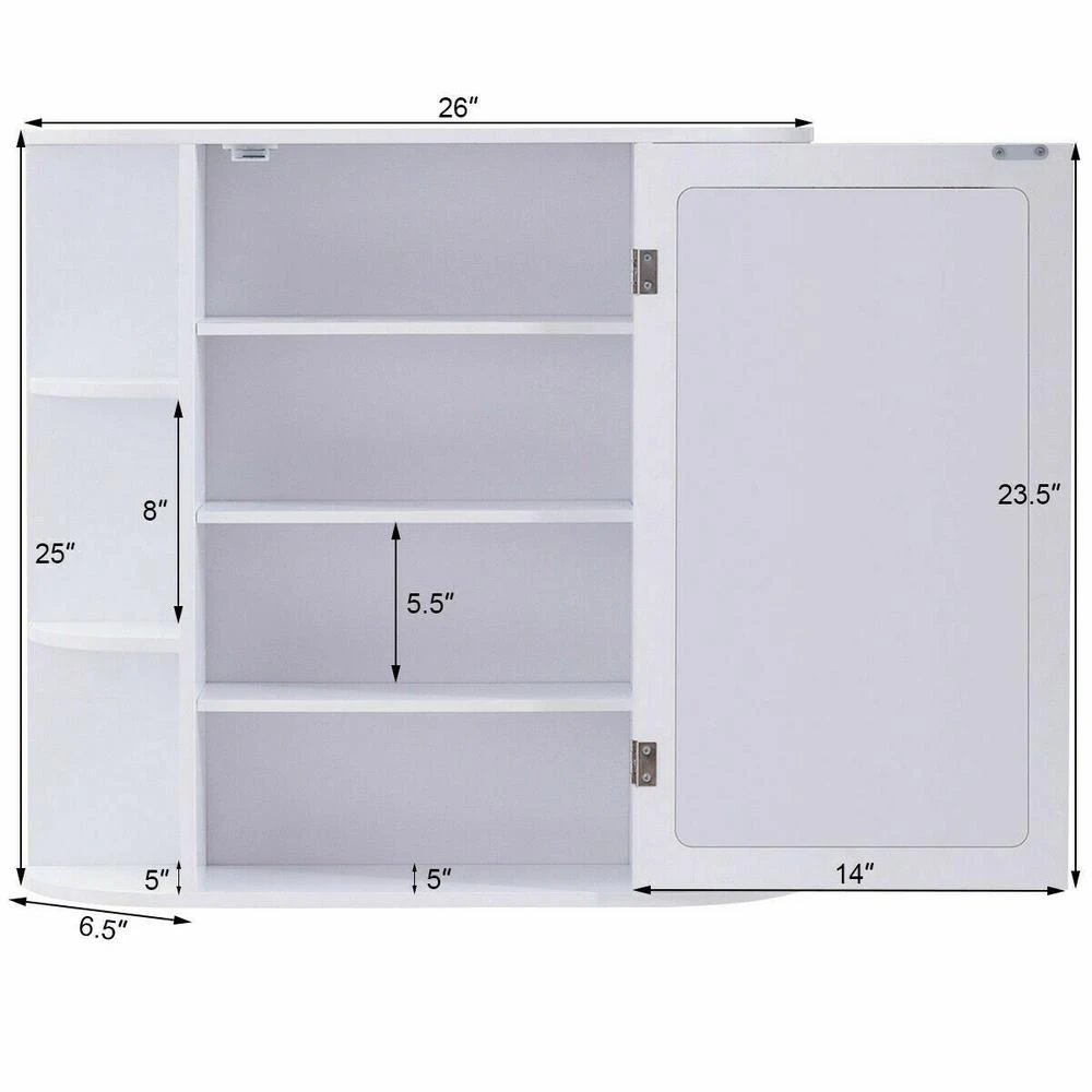 6.5 In. X 25 In. X 26 In. White Multipurpose Wall Surface Mount Bathroom Storage Medicine Cabinet With Mirror 4 6.5 In. X 25 In. X 26 In. White Multipurpose Wall Surface Mount Bathroom Storage Medicine Cabinet With Mirror - Image 2