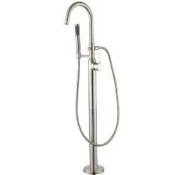 Modern Freestanding Single-Handle Floor-Mount Roman Tub Faucet Filler With Hand Shower In Brushed Nickel