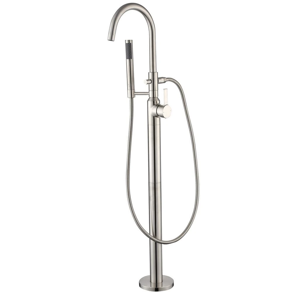 Modern Freestanding Single-Handle Floor-Mount Roman Tub Faucet Filler With Hand Shower In Brushed Nickel 3 Modern Freestanding Single-Handle Floor-Mount Roman Tub Faucet Filler With Hand Shower In Brushed Nickel